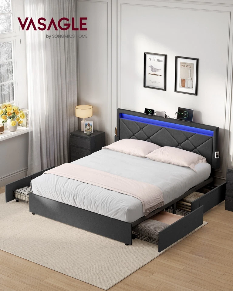 VASAGLE, Bettgestell, Ladestation, verstellbares gepolstertes Kopfteil - Bild 1 von 1