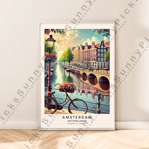 Amsterdam Kanal Druck Niederlande Reise Poster Illustration Kunst Deko ungerahmt - Bild 1 von 2