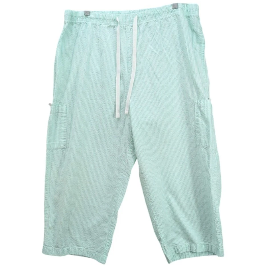 Calça Seersucker Feminina Basic Editions Verde Perfeito Tamanho XL Listra Capri Casual - Imagem 1 de 4
