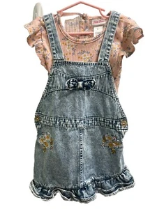 Girls 2 Piece Denim Overall Dress With Flower Embroidery Size 6 - Picture 1 of 5