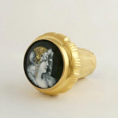 Antique French Gilt Ormolu Parasol Cane Handle Limoges Enamel Miniature Portrait - Image 1 of 4