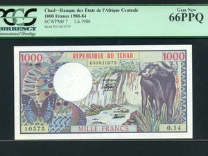Chad / Tchad:P-7,1000 Francs,1980 * Water Buffalo * PCGS Gem UNC 66 PPQ * - Picture 1 of 1