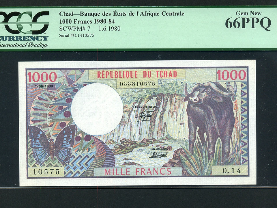 Chad / Tchad:P-7,1000 Francs,1980 * Water Buffalo * PCGS Gem UNC 66 PPQ * - Image 1 of 1