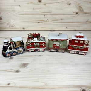 Vintage 4-Piece Ceramic Christmas Ornaments Train Set Lot Teddy Bear Train Set - Picture 1 of 13