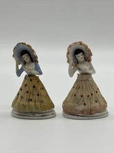 Set of 2 Vintage Enesco Japan Porcelain Colonial Lady Figurines Lace Dresses - Picture 1 of 11