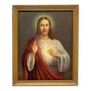 Vintage Jesus Christ Sacred Heart Framed Picture  Artwork  9” x 11” - Picture 1 of 10