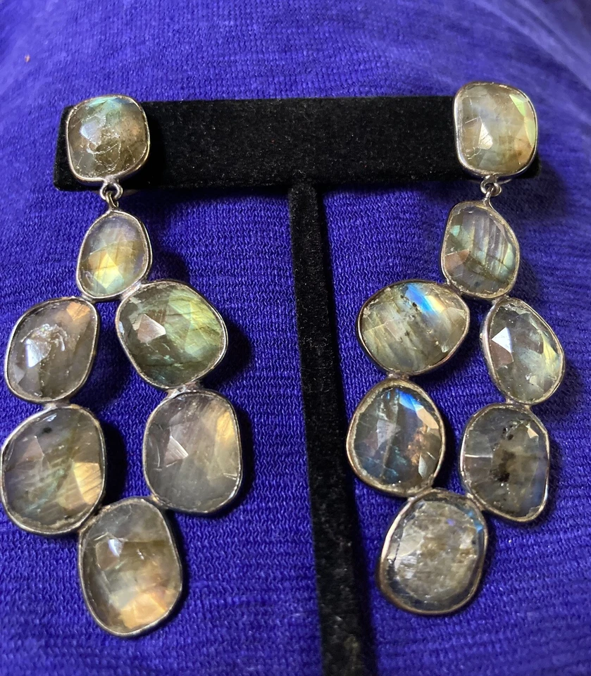 Fabulous Fiery 2.5” LABRADORITE Happy Grapes Earrings 18k Vermeil Over Sterling - Image 1 of 4