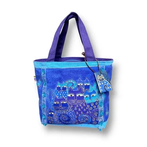Laurel Burch Indigo Blue Cat Tote Bag Sun N Sand Canvas Art Print Small Purse - Bild 1 von 16