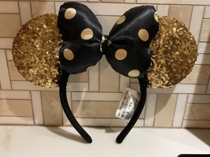 Disney Parks Minnie Mouse Gold Sequin Ears w/Black & Gold Polka Dot Bow - Youth - Picture 1 of 3