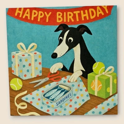 Tarjeta de cumpleaños con sardinas Greyhound Whippet Lurcher Sighthound blanco y negro Foto 1 de 3