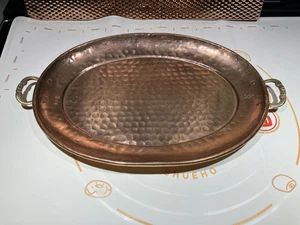 Vintage Hammered Copper Oval Tray w/Brass Handles ODI Made in India 17 x 11 inch - Picture 1 of 12