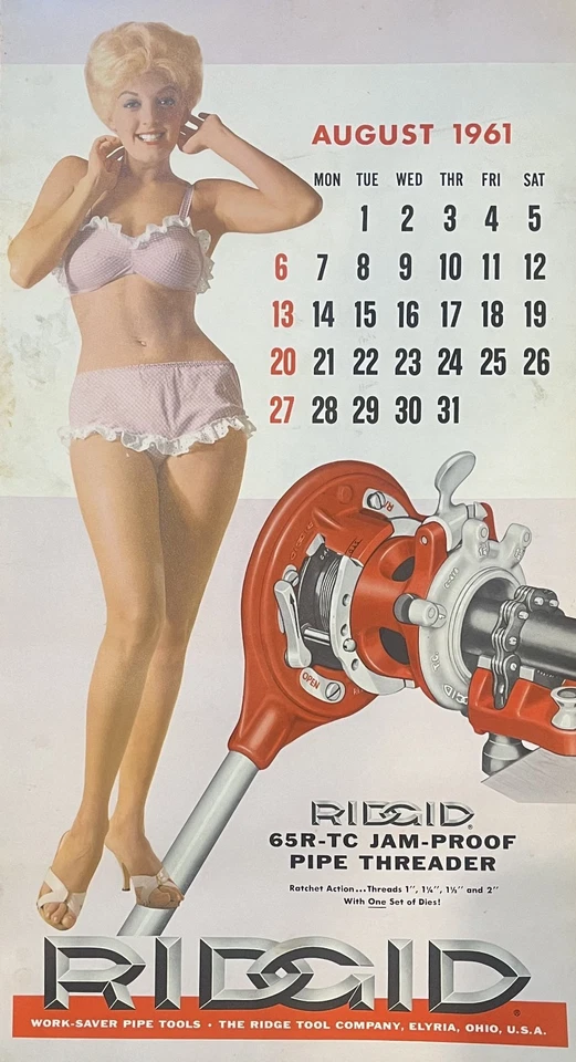 Vintage RIDGID Pipe Threader sexy CALENDAR Girl Girly - 11" x 20" August 1961 - Image 1 of 1