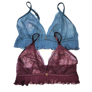 M & S ROSIE AUTOGRAPH 2 x NON WIRED BRA BRALETS SIZE 12 PLEAT LACE BERRY/ BLUE - Picture 1 of 3