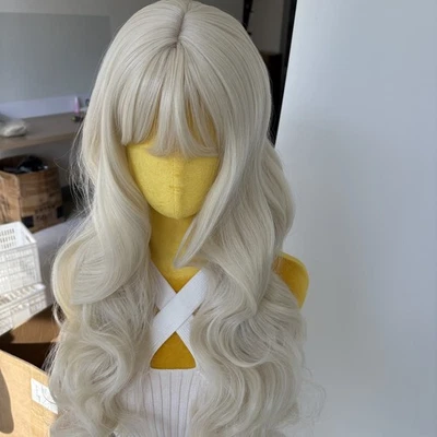 Peluca de fiesta con flequillo largo ondulado blanqueador rubio cabello resistente al calor Foto 1 de 4