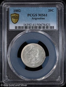 1882 Argentina Silver 20 Centavos Coin PCGS MS 61 | Uncirculated UNC - Picture 1 of 4