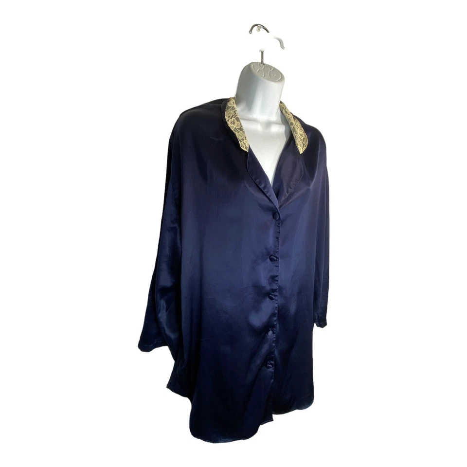 Vintage 80's Victoria's Secret Satin Night Shirt Gold Label Blue Lace Collar M/L - Image 1 of 4