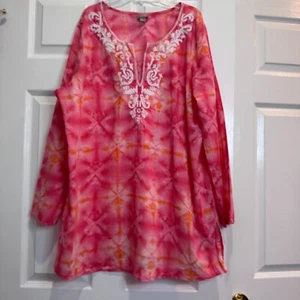 J Jill XL Tie Dye V Neck Tunic Top Pink Orange Beaded Boho Beach Coastal Cotton - Picture 1 of 20