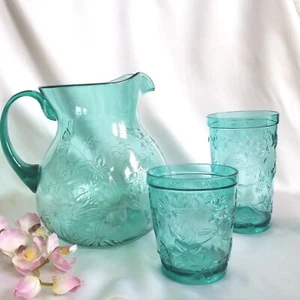 Floral Klar Kunststoff Krug und Glaswaren Becher 13 Stück Set Türkis Blau - Bild 1 von 6