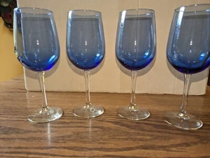 Vintage Set of 4 Cobalt Blue & Clear Goblets/Wine Glasses 9-1/4" - Picture 1 of 7