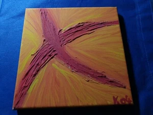 Keilrahmen Bild von 2004, Einzelstück, orange, rotes X, schöne Handarbeit - Bild 1 von 4