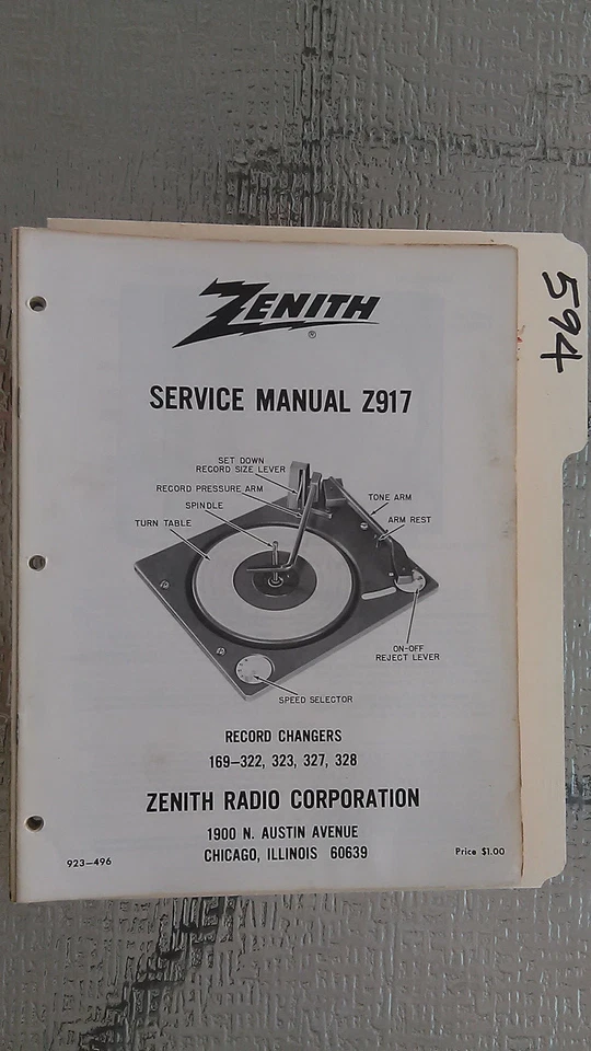 Zenith 169-322 323 327 328 service manual original repair book stereo turntable - Image 1 of 1