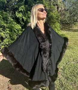 Cashmere Cape with Fox Fur Trim by Adrienne Landau  - Picture 1 of 5