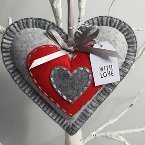 HEART Grey Charcoal Red Felt Big Love Heart hanging decoration Gift Silver charm - Picture 1 of 20