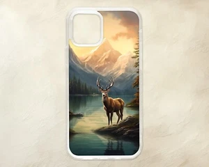 Custodia telefono realistica cervo natura montagne lago iPhone Samsung Motorola Pixel - Foto 1 di 1