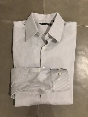 Camisa de vestir Theory Marco P Alliance para hombre blanca gris a rayas 16 larga 36 $225 Foto 1 de 4