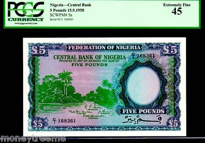 NIGERIA P5a "RIVER SCENE" 5 POUNDS 1958 PCGS 55! FINEST KNOWN PCGS! RARE! - Image 1 of 4