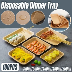 100pcs Kraft Paper Food Trays Eco Party Catering Disposable Snack Box Takeaway - Picture 1 of 24