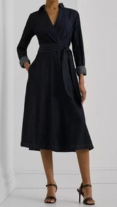 Abito midi Ralph Lauren autocintura manica lunga surplice georgette risciacquo scuro 12 - Foto 1 di 10