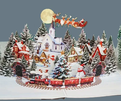 3D Pop-Up Christmas Card, Env. & Seal - Snowy Village with Santa Reindeer Train - Image 1 of 4
