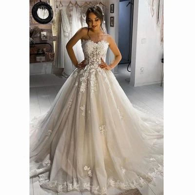 Champagne Wedding Dresses Strapless Lace Applique Beach Sweep Train Bridal Gowns - Image 1 of 4