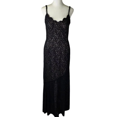 Sue Wong Drop Waist Black Beaded Maxi Dress 6 Sweetheart Neck Embroidered Lace  - Image 1 of 4