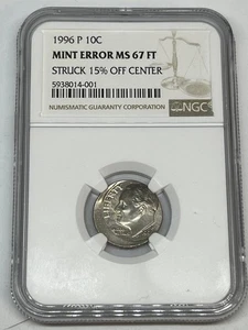 1996 P Philadelphia 10C Roosevelt Dime ERROR 15% Off Center - NGC MS67 FT - Picture 1 of 4