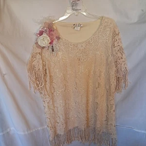 Lady Noiz Cream Lace Fringe Tunic Top 1XL Embellished Floral Applique - Picture 1 of 10