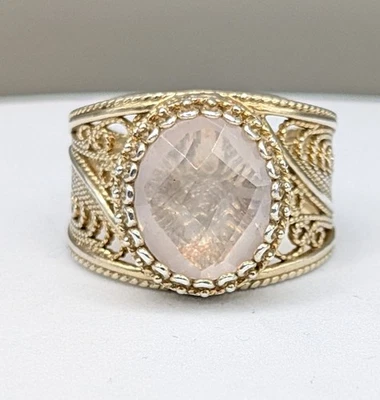 QVC 925 Sterling Silver Gold Plated Rose Quartz Filigree Gemstone Ring  - Image 1 of 4