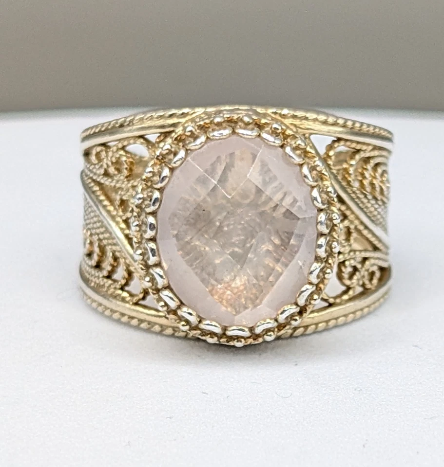 QVC 925 Sterling Silver Gold Plated Rose Quartz Filigree Gemstone Ring  - Image 1 of 4