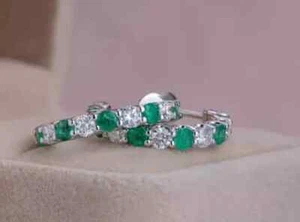 2 Ct Round Cut Lab-Created Emerald and CZ Hoop Earrings In 14K White Gold Plated - Picture 1 of 7