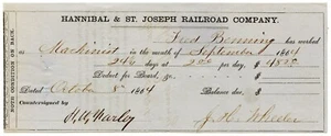 HANNIBAL & ST JOSEPH RAILROAD COMPANY, 1864 Civil War Pay Document 09565 - Picture 1 of 2