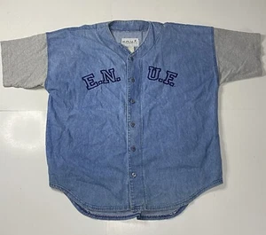 Vintage 80s 90s Shirt E.N.U.F Small Denim Baseball Jersey Oversized Button Up - Picture 1 of 17