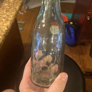 VINTAGE CLEAR GLASS BOTTLE COW MILK Jug Embossed With Cow Picture & Milk - Picture 1 of 8