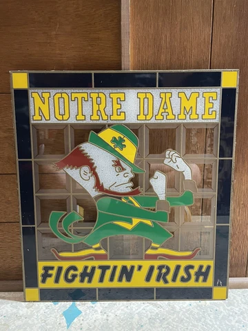Vintage Notre Dame Fighting Irish Stained Glass Bar Sign Man Cave 17.5” x 16” Cover