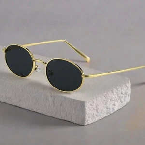Gold Frame Retro Black Dark Tint Oval Stylish Fashion Mens 90's Round Sunglasses - Picture 1 of 7