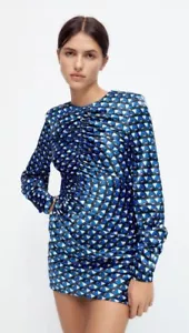 BNWT Zara Blue Geometric Print Rushed Long Sleeve Dress SIZE Medium. Z1 - Picture 1 of 18