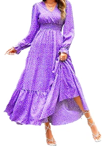 Stretchy Comfy Lavender V-Neck Polka Dot A-Line Long Dress Long Sleeves 3XL NWT - Picture 1 of 2