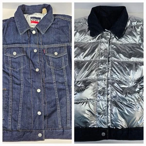 Levis Damen Wende Daunen Blau Denim Jeans Silber Puffer Trucker Jacke M - Bild 1 von 17
