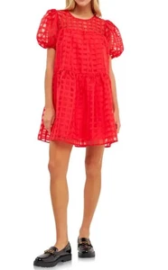 NEU mit Etikett English Factory rot Gitter kariert Stufen Puffärmel Minikleid L - Bild 1 von 7