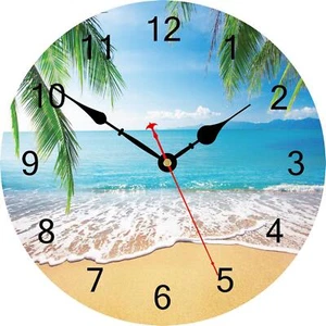 14 Inch Summer Palm Trees Wall Clock Tropical Hawaiian Seashore Clocks Silent No - Picture 1 of 6